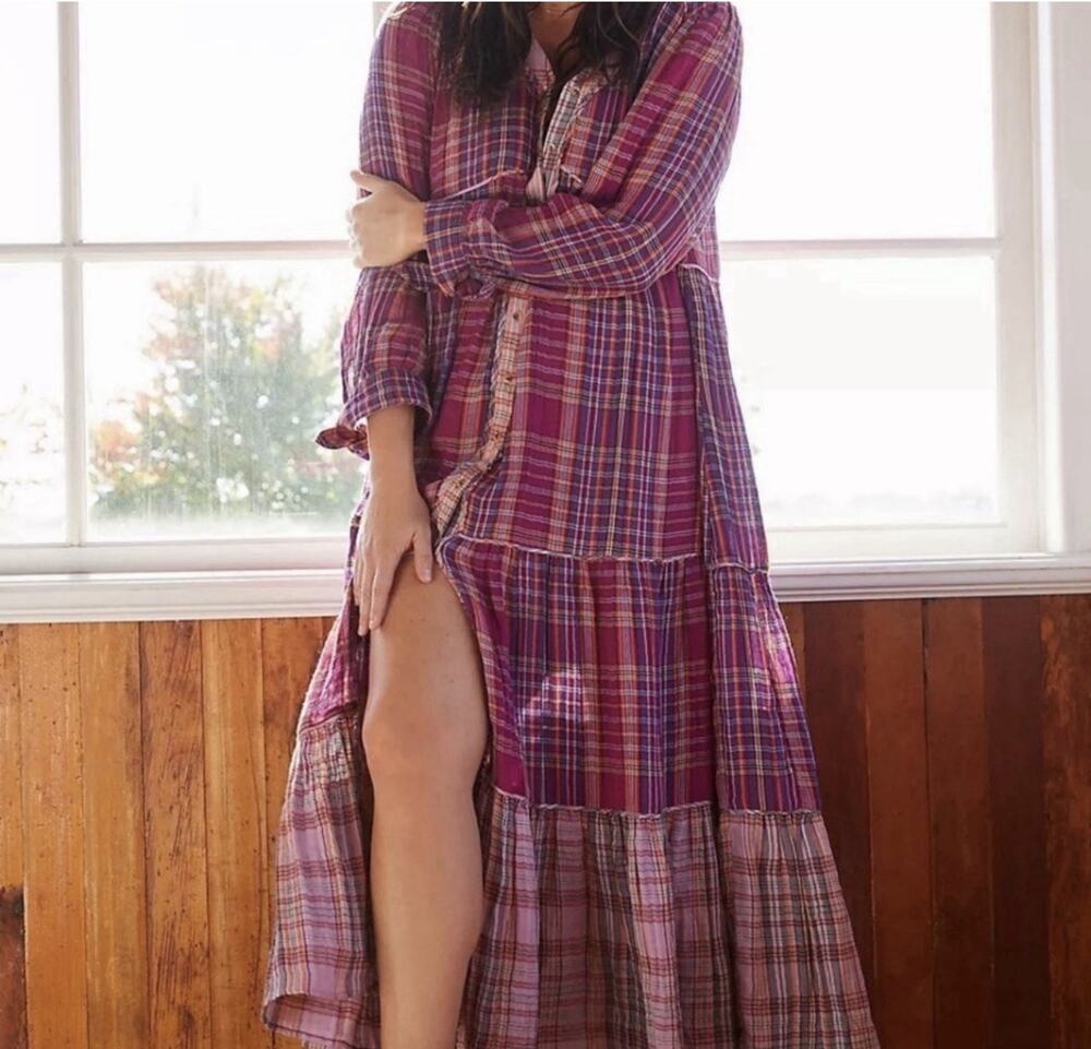 Anthropologie 1X Tiered Plaid Maxi Dress Lounge Boho Cottagecore EUC